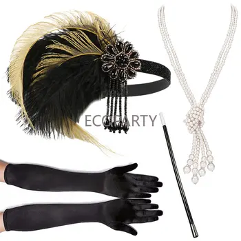 1920s Great Gatsby Parti Kostüm Aksesuarları Seti 20s Sineklik Tüy Kafa Bandı İnci Kolye Eldiven Sigara Tutucu 4 Adet Set
