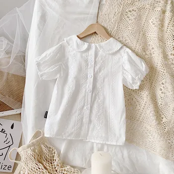 2-7T Beyaz Kız Bluz Yürüyor Çocuk bebek Kız yaz giysileri Dantel Üst Kısa Kollu Gömlek Zarif Sevimli Tatlı Plaj Bluzlar