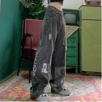 2021 Patenci Tarzı Indie Erkek dökümlü pantolon 90s patenci kot Y2k Streetwear Genç Moda Cepler Geniş Bacaklar Yüksek Bel Pantolon