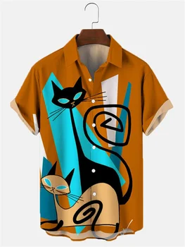 2022 3d Yaka havai gömleği Adam Rahat Kısa Kollu Anime Gömlek Karikatür erkek gömleği Yaz Erkek Giyim Sokak Retro Hayvan Kedi