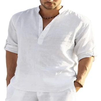 2023 Yeni erkek Casual Bluz Pamuk Keten Gömlek Gevşek Üstleri Uzun Kollu Tee Gömlek İlkbahar Sonbahar Rahat Yakışıklı erkek gömlek
