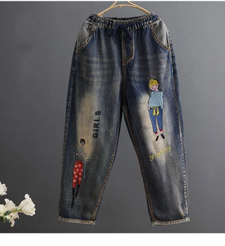 6859 Yüksek Kaliteli Kadın Kot Karikatür Tatlı Kız Solma Nakış Rahat Streç Bel İpli Ağartılmış Scratch Denim Pantolon