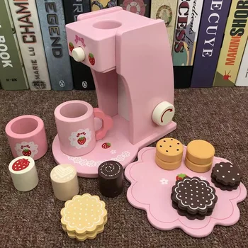 Ahşap Kahve makine oyuncak Çocuk Oyna Pretend Pembe Bisküvi Kahve Mutfak Taklit oyuncak seti Aile Oyunu Kız Prenses İçecek Hediye