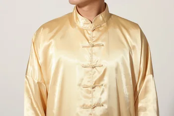 Altın Çinli erkek Saten Rayon Kung Fu Suit Vintage Tai Chi Setleri Wu Shu Üniforma Uzun Kollu Giyim Sml XL XXL MS019