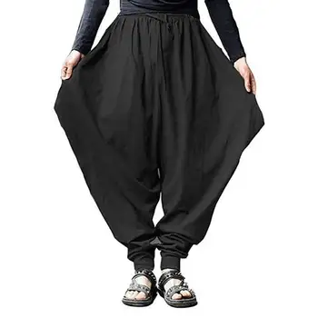 Artı Boyutu Pamuk Keten harem pantolon Erkekler Baggy Japon Tarzı Joggers Erkek Hip hop Kasık Geniş Bacak Pantolon Rahat Gevşek Pantolon