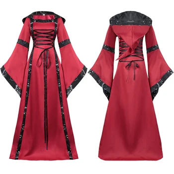 Avrupa Ortaçağ Kapüşonlu Elbise Kare Boyun Dantel Up Flare Kollu Salıncak Etek Ortaçağ Sihirbazı Mevsimsel Kostüm Cadılar Bayramı Kostüm