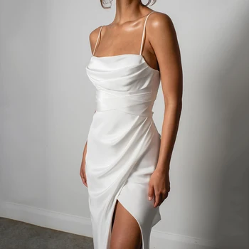 Basit Mermaid Beyaz düğün elbisesi Spagetti Sapanlar Yüksek Yarık 2022 Saten Backless Düz Custom Made Robe De Mariee Özelleştirmek