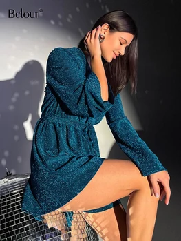 Bclout Vintage Seksi Pullu Elbiseler Kadınlar 2023 Moda Lüks Mavi Parlama Kollu V Yaka Gece Parti Elbise Kulübü Elastik Mini Elbise