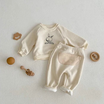 Bebek Erkek Kız Elbise Kış Kalınlaşmış Bebek Bebek Kız Uzun Kollu T-shirt + PP Pantolon Tavşan Baskılı Bebek giyim setleri