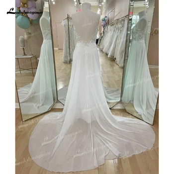 Boho A-Line düğün elbisesi Kadınlar İçin 2023 Gelin Kıyafeti Seksi V Yaka Spagetti Sapanlar Aç Geri Dantel Aplikler Şifon Süpürme vestidos