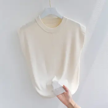 Buz ipek tişört kadın yaz 2022 yeni gevşek dip örme kazak yabancı stil ceket kolsuz beyaz kısa üst