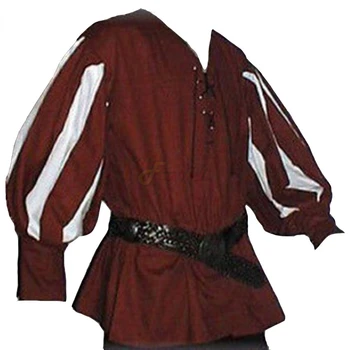 Cadılar bayramı erkek Ortaçağ Cosplay Savaşçı Şövalye Tunik Gömlek Kuşaklı Lansquenet Larp Korsan Kostüm Siyah Dantel-Up üst giyim