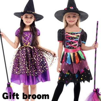 Cadılar bayramı Çocuklar Fantezi Fantasia Cadı Kostüm Süpürge Şapka İle Noel Çocuk Kız Şapkalar Elbise Elbise Cosplay