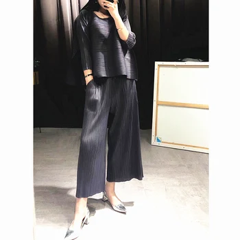 Changpleat gevşek kadın setleri Miyak Pilili moda Katı geniş bacak pantolon ve T-Shirt İki adet Kadın Takım Elbise Artı Boyutu Gelgit
