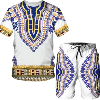 Dashiki Baskı erkek kısa kollu Tişört ve Şort Custom Made Eşofman Setleri Erkek Artı Boyutu Afrika Tees