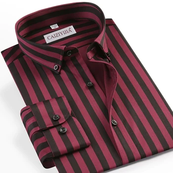 Erkek Dikey Çizgili Düğme Aşağı Uzun Kollu Elbise Gömlek cepsiz Tasarım Rahat Standart fit Yarı resmi İş Gömlek