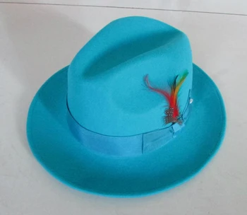 Erkek Moda Fedoras Yün Kap Erkek Göl Mavi Caz Yün Kap Klasik Açık Mavi fötr şapka Şapka Godfather Şapka Kovboy Şapkası B-8119
