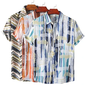 Erkek Pamuk Polyester Yaz Kısa Kollu Gömlek Geometrik Kareli Desen Hawaiian Plaj Erkek Gömlek Casual Bluz Erkekler İçin