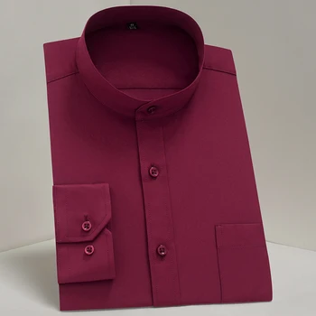 Erkek Uzun Kollu Mao yaka (Mandarin Yaka) Gömlek Tek Yama Cep Akıllı Rahat Standart fit İş Ofis Elbise Gömlek
