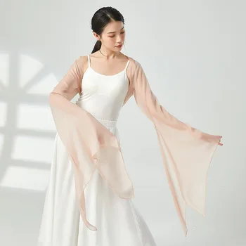 Flowy Şifon Hırka Beyaz Şeffaf Klasik Dans Bluz Uzun Su Kollu Vücut Kafiye Elbise Yeni Çin Geleneksel