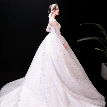 Gelinlik Kadınlar için Gelin Lace Up Uzun Kollu düğün elbisesi Tren Vestidos De Novia Artı Boyutu balo elbisesi Kuyruk