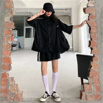 Gevşek BF Boy Setleri Kadınlar Katı Fermuar Kazak Elastik Yüksek Bel Geniş Bacak Yumuşak pantolon Basit Rahat Kore Günlük Öğrenci Sui