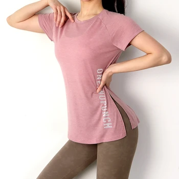 Gevşek Fit O-Boyun Yoga T-shirt Kadın Hızlı Kuru Spor Üstleri Egzersiz Tee Koşu Dans Kısa kollu Spor Spor Gömlek