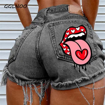 GGLNOO Yaz Kadın Kot Şort 2021 Moda Ağız Baskı Yüksek Bel Yırtık Kot Şort Artı Boyutu Seksi kısa kot pantolon Streetwear