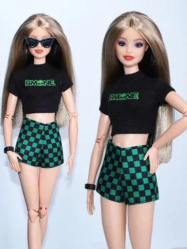 Giyim seti / siyah tişört + yeşil ızgara kısa / 30cm oyuncak bebek giysileri takım elbise kıyafet 1/6 Xinyi FR ST barbie bebek / kız oyuncak