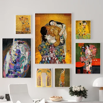 Gustav Klimt Sanat Sergisi Poster Vintage Klasik Aile Sanat Tuval Baskı Soyut Resim Duvar Resimleri Oturma Odası Dekor