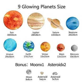 Güneş Sistemi duvar çıkartmaları Glow Aydınlık 9 Gezegenler Parlayan Tavan Çıkartmaları Parlayan Uzay Dekorasyon Yatak Odası Çocuklar İçin