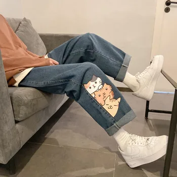 Harajuku Kawaii Kot Yaz Kadın Anime Baskı Uzun Pantolon Kovboy Kadın Gevşek Kot Pantolon Sevimli Karikatür Kedi Kot Streetwear