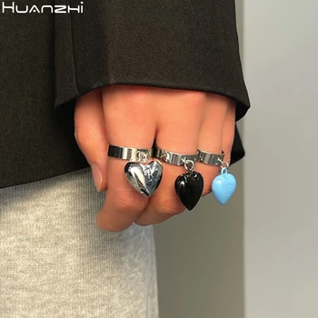 HUANZHI 2022 Yeni Moda Mavi Siyah Gümüş Renk Aşk Kalp Şeftali Kolye Metal Geometri Yuvarlak Yüzükler Kadınlar İçin genç kız takısı