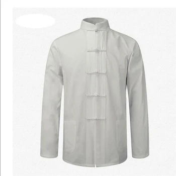 Ince Ceket Erkekler için beyaz Uzun Kollu Pamuklu Gömlek Geleneksel Çin Kıyafetleri Tang Takım Elbise Ceket giyim Kung Fu Tai Chi Üniforma