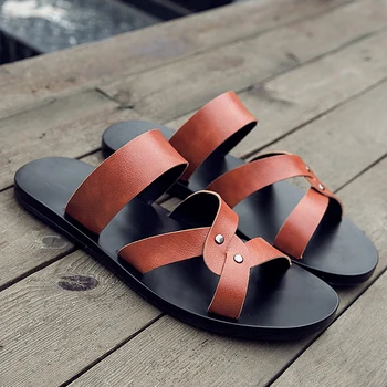 ıtalyan erkek sandalet terlik hakiki deri 2019 yaz plaj açık yürüyüş ayakkabısı erkek roma yakın ayak el yapımı