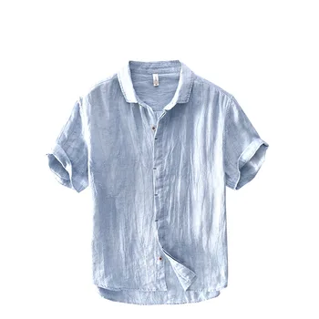 Japon basit Oxford iplik düz renk kısa gömlek erkek keten ince rahat kısa kollu gömlek