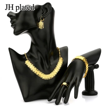 JHplated Arap Dubai altın Renk takı seti Kadınlar İçin Afrika Etiyopya Takı Sikke Bilezik Küpe Kolye yüzük Seti