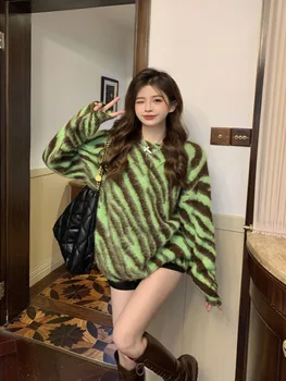 Kadın Giyim Kazak Gevşek Kore Moda Eğlence Yeşil Ekip Boyun Kaplan Çizgili Kazak Uzun Kollu Örgü Sonbahar Tops