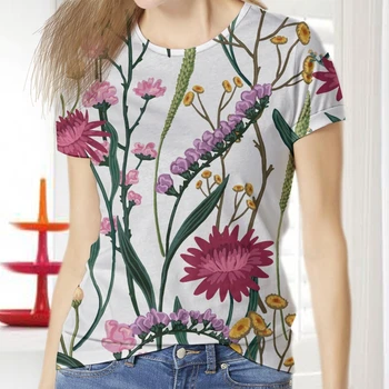 Kadın T-Shirt Camisetas Bitki Desen Kısa Kollu Yuvarlak Boyun kadın giyim 3D Baskı Femme Yaz Üstleri Bayanlar Rahat O-boyun