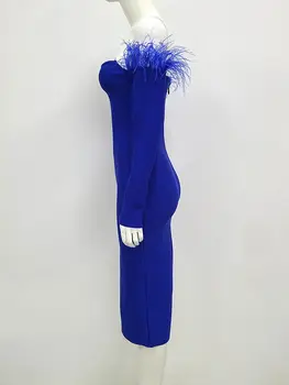 Kadınlar Kış Seksi Kapalı Omuz Uzun Kollu Mavi Tüy Midi Bandaj Elbise 2022 Zarif Akşam Kulübü Parti Elbise