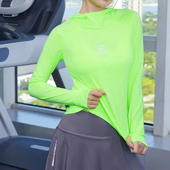 Kapşonlu Eğitim koşu tişörtü Spor Kadın Nefes Çabuk Kuru Uzun Kollu Gevşek spor giyim yoga bluzu Üst Kadınlar Tees