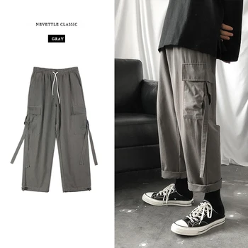 Kargo Pantolon Erkekler Streetwear Hip Hop Pantolon Gevşek Kore Tarzı Ayak Bileği Uzunluğu Pantolon Tulum Elastik Bel Siyah Gri Techwear