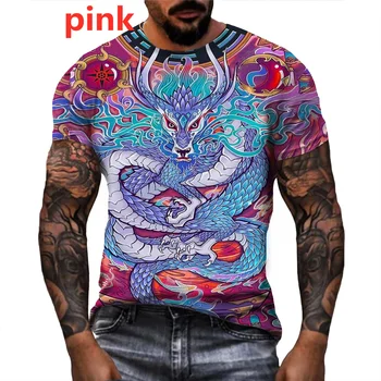 Kişilik Erkekler Renkli 3D Ejderha Baskılı Rahat T Shirt Kişilik Sokak T-Shirt Komik Hayvan Tee