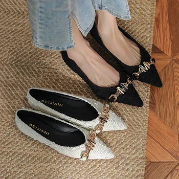 Klasik Sığ sivri Burun Flats rahat ayakkabılar Kadın Metal harfler Kayma Kare Ayak konfor Ayakkabı Siyah kadın İçin düz ayakkabı