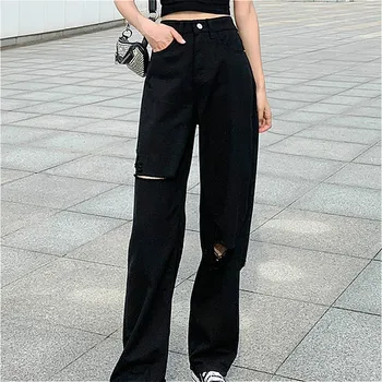 Kot Kadın Kot Delik Düğme Cepler Gevşek 5XL Siyah Pantolon Baggy Şık Harajuku Günlük Çizik Geniş Bacak Streetwear Basit