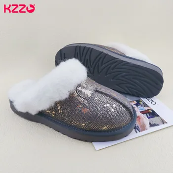 KZZO Yeni Gelmesi Hakiki Deri Terlik Moda Kadın kışlık terlik Kadınlar Sıcak ev terliği Yumuşak Yün Bayan Ev Ayakkabıları