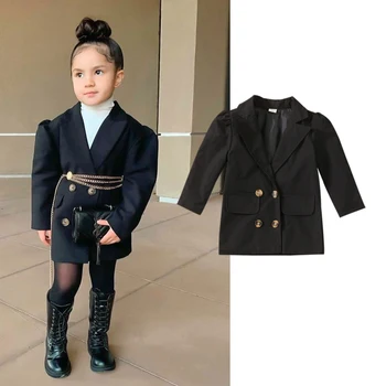 Küçük Kızlar Yaka Blazer, sonbahar Toddlers Tatlı Tarzı Düz Renk Uzun Kollu Kruvaze Ceket Çocuk Rahat Dış Giyim