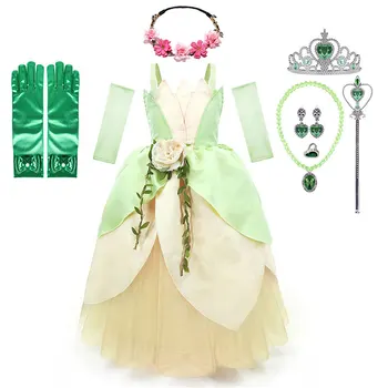 Kızlar Prenses Tiana giyinmek Kostüm Çocuklar Cosplay Prenses ve Kurbağa Giyim Çocuk Doğum Günü Partisi Cadılar Bayramı Fantezi Balo