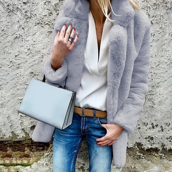 Kış Kadın Faux Kürk Palto Moda Düz Renk Yumuşak Peluş Dış Giyim Kadın Rahat Uzun Kollu Sıcak Kalın Kabarık Ceket Ceket