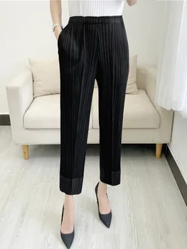 LANMREM Pilili Kalem Ayak Bileği uzunlukta Pantolon Kadın Elastik Bel Düz Renk Cep Dekorasyon 2023 Yaz Kadın Moda Pantolon